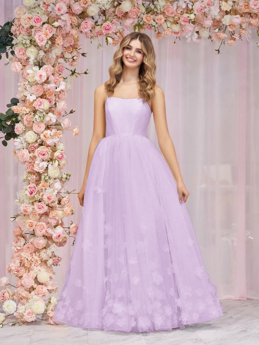 Arabella |A - line Spaghetti Straps Pink Tulle Prom Dress - KissProm