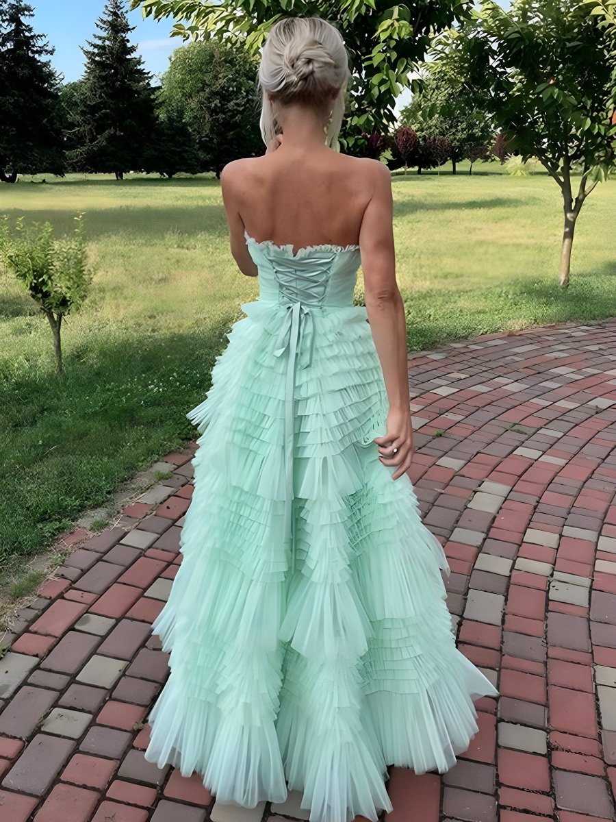 Flovencia| Mint Green Strapless Tulle Tiered Ruffles High - low Prom Dress - KissProm