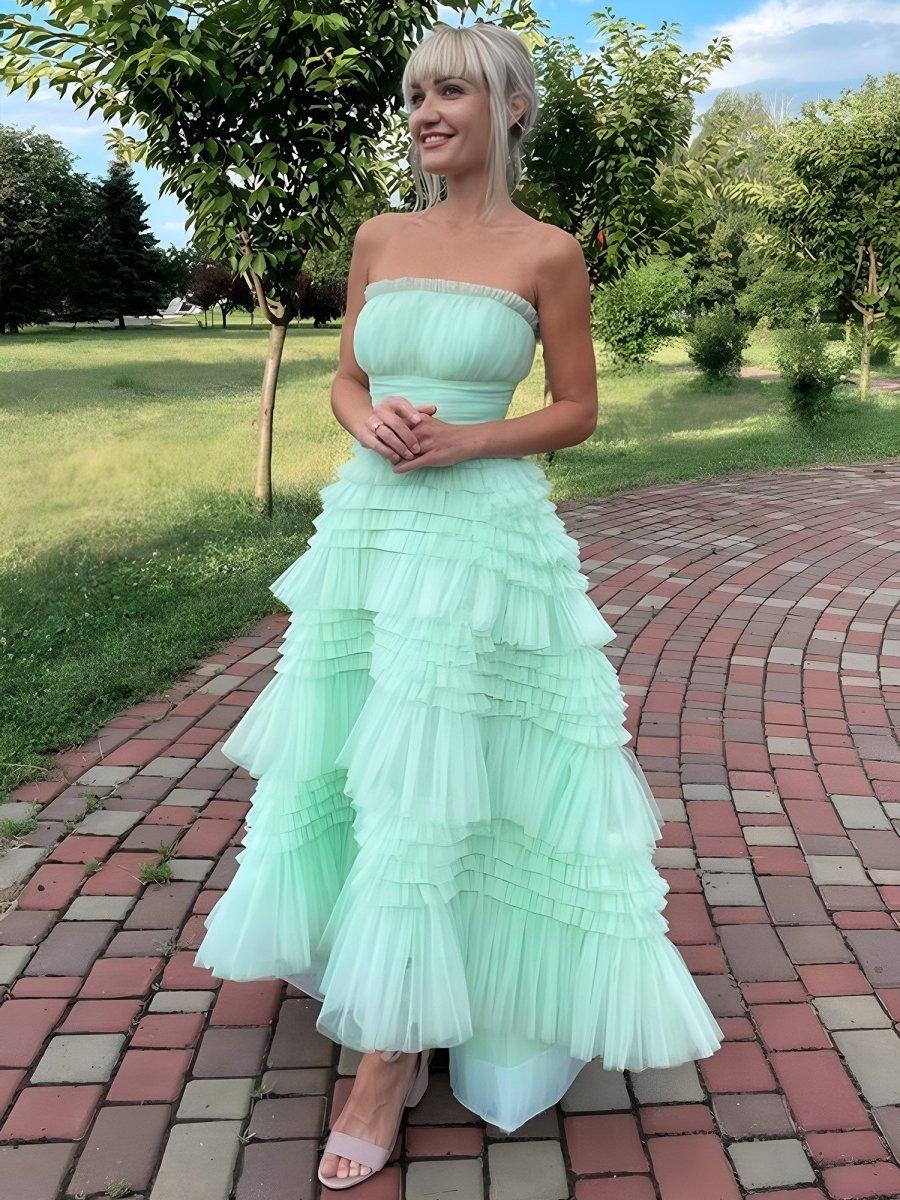 Flovencia| Mint Green Strapless Tulle Tiered Ruffles High - low Prom Dress - KissProm