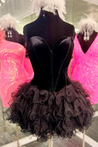 Kennedi | Black Velvet Strapless Ruffles Short Homecoming Dress - KissProm