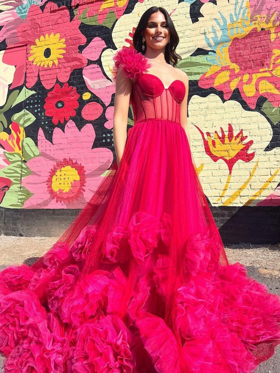 Fran | Hot Pink Ball Gown One - Shoulder Tulle Prom Dresses - KissProm