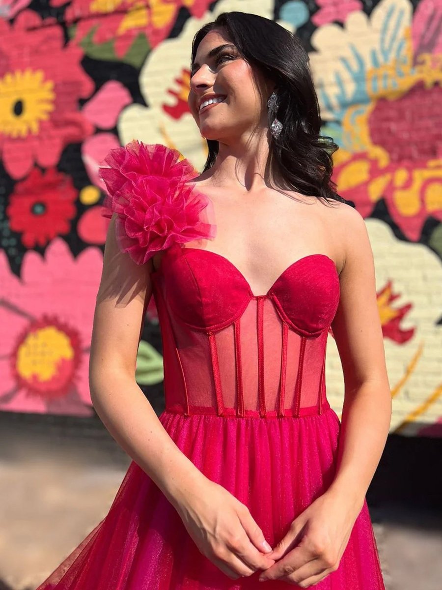 Fran | Hot Pink Ball Gown One - Shoulder Tulle Prom Dresses - KissProm