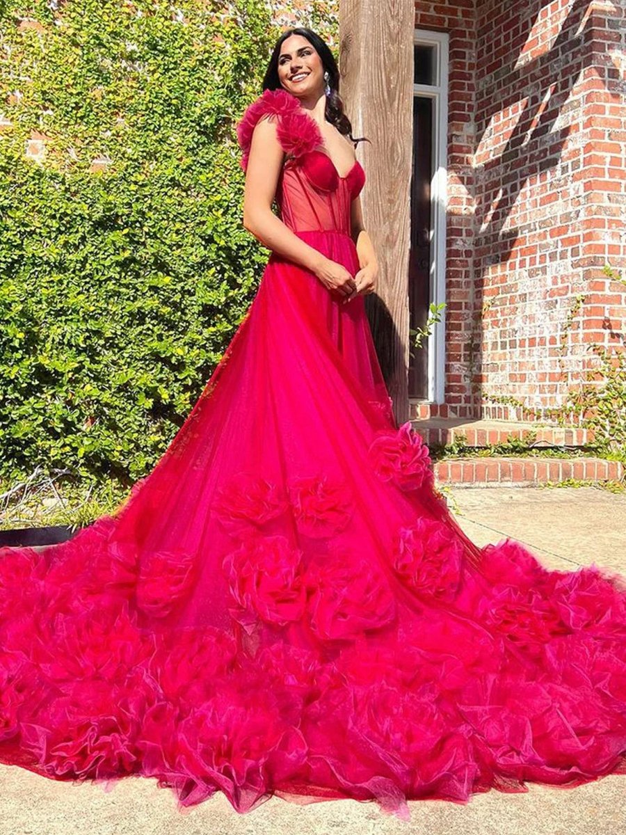 Fran | Hot Pink Ball Gown One - Shoulder Tulle Prom Dresses - KissProm