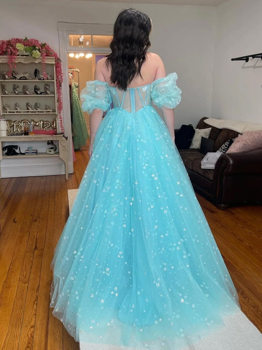 Francis | Aqua Blue Strapless A Line Tulle Starry Long Prom Dress - KissProm