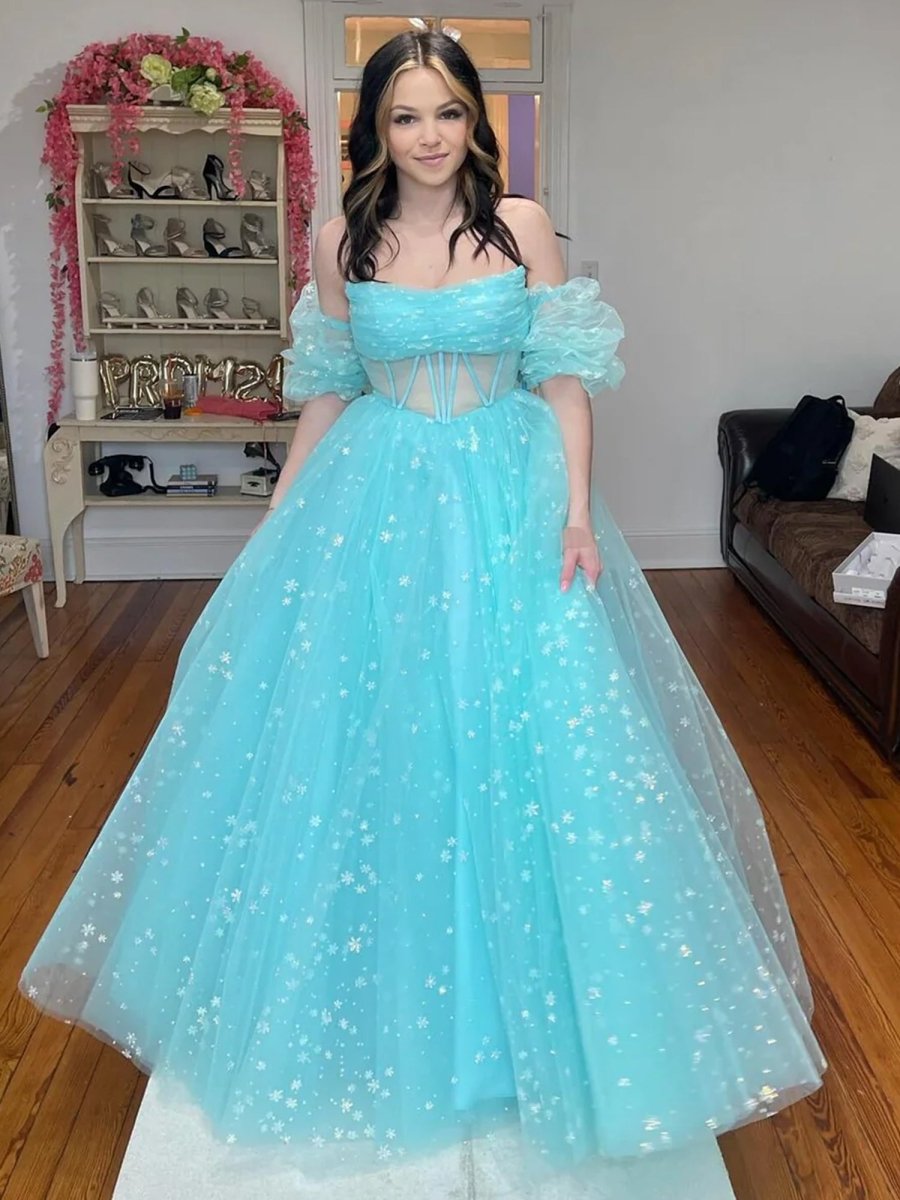 Francis | Aqua Blue Strapless A Line Tulle Starry Long Prom Dress - KissProm