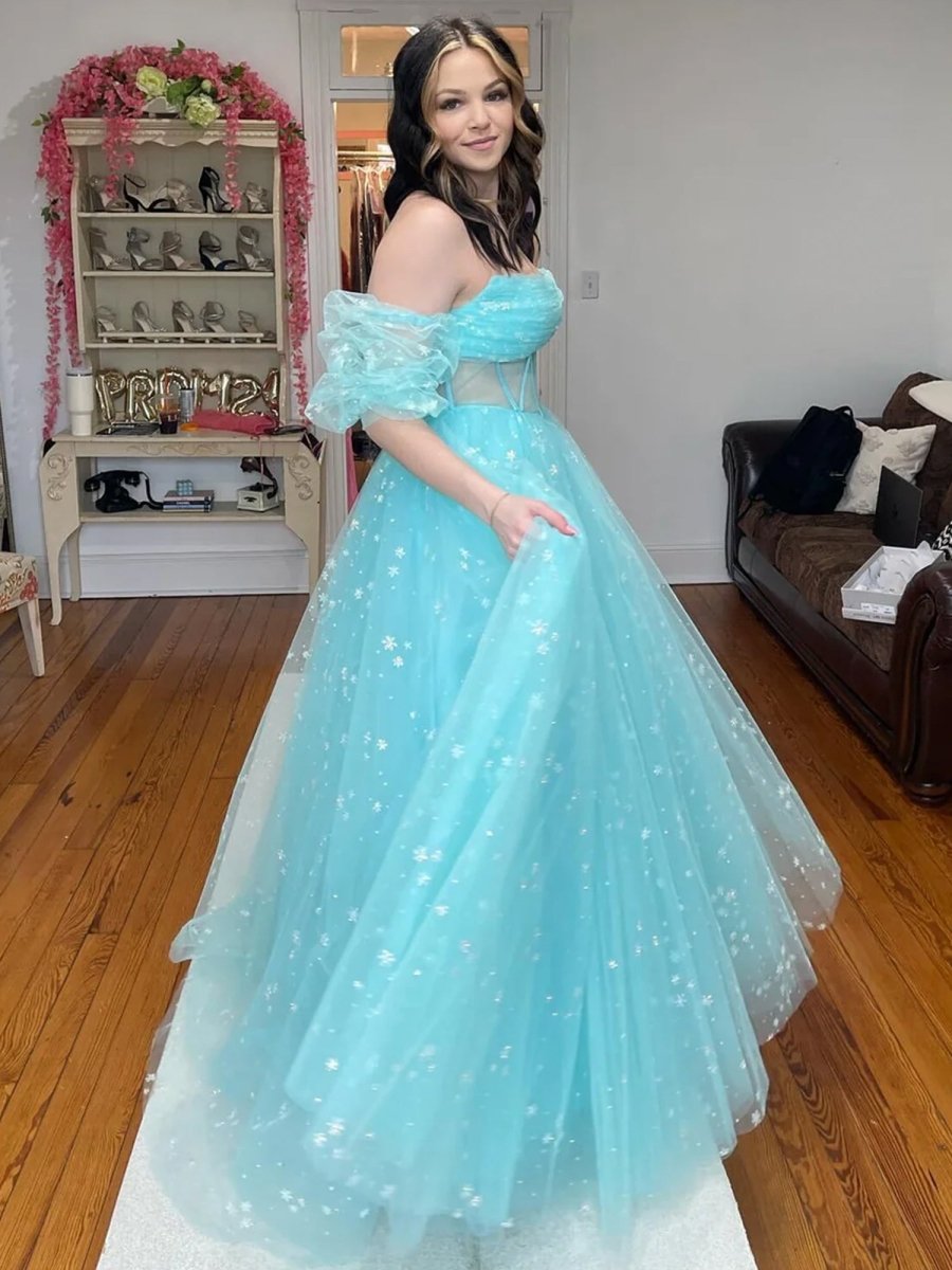 Francis | Aqua Blue Strapless A Line Tulle Starry Long Prom Dress - KissProm