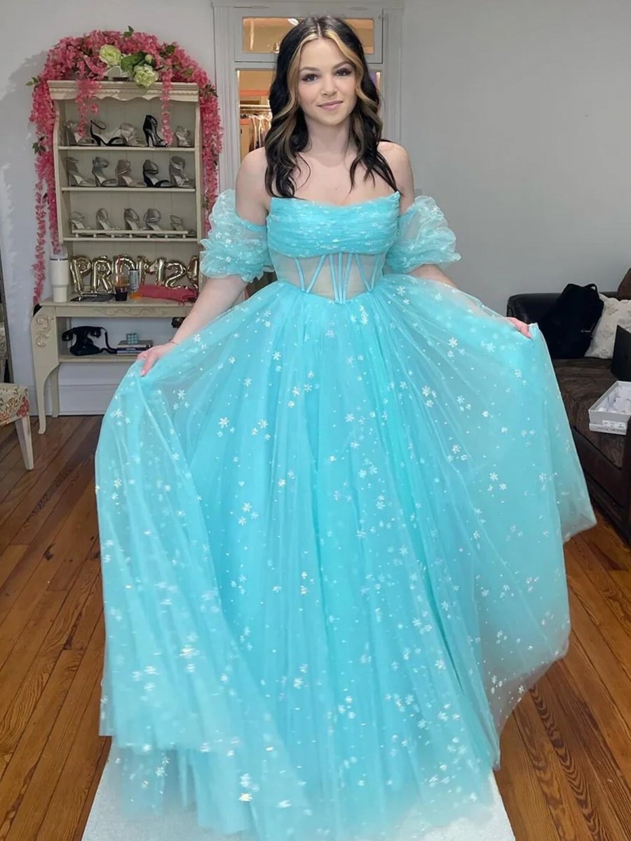 Francis | Aqua Blue Strapless A Line Tulle Starry Long Prom Dress - KissProm