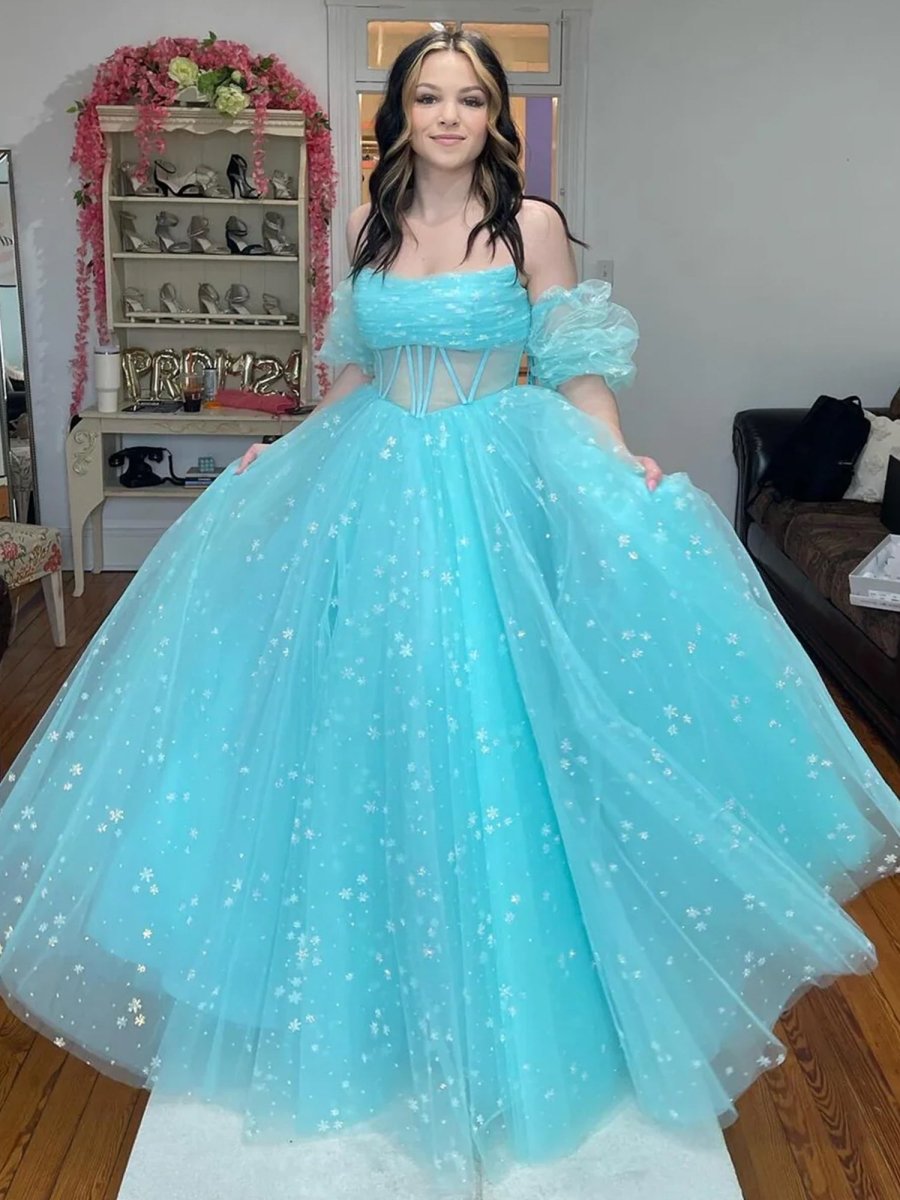 Francis | Aqua Blue Strapless A Line Tulle Starry Long Prom Dress - KissProm