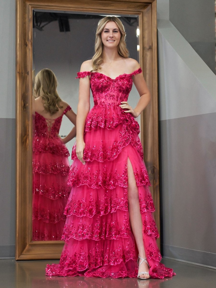 Fuchsia Princess A Line Off the Shoulder Corset Prom Dress with Lace Ruffles - KissProm