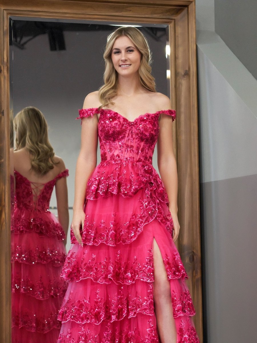 Fuchsia Princess A Line Off the Shoulder Corset Prom Dress with Lace Ruffles - KissProm