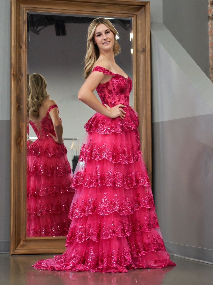 Fuchsia Princess A Line Off the Shoulder Corset Prom Dress with Lace Ruffles - KissProm