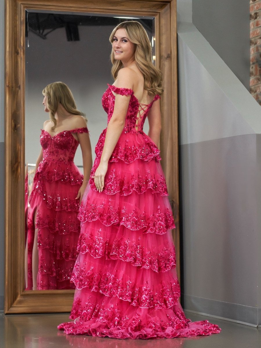 Fuchsia Princess A Line Off the Shoulder Corset Prom Dress with Lace Ruffles - KissProm