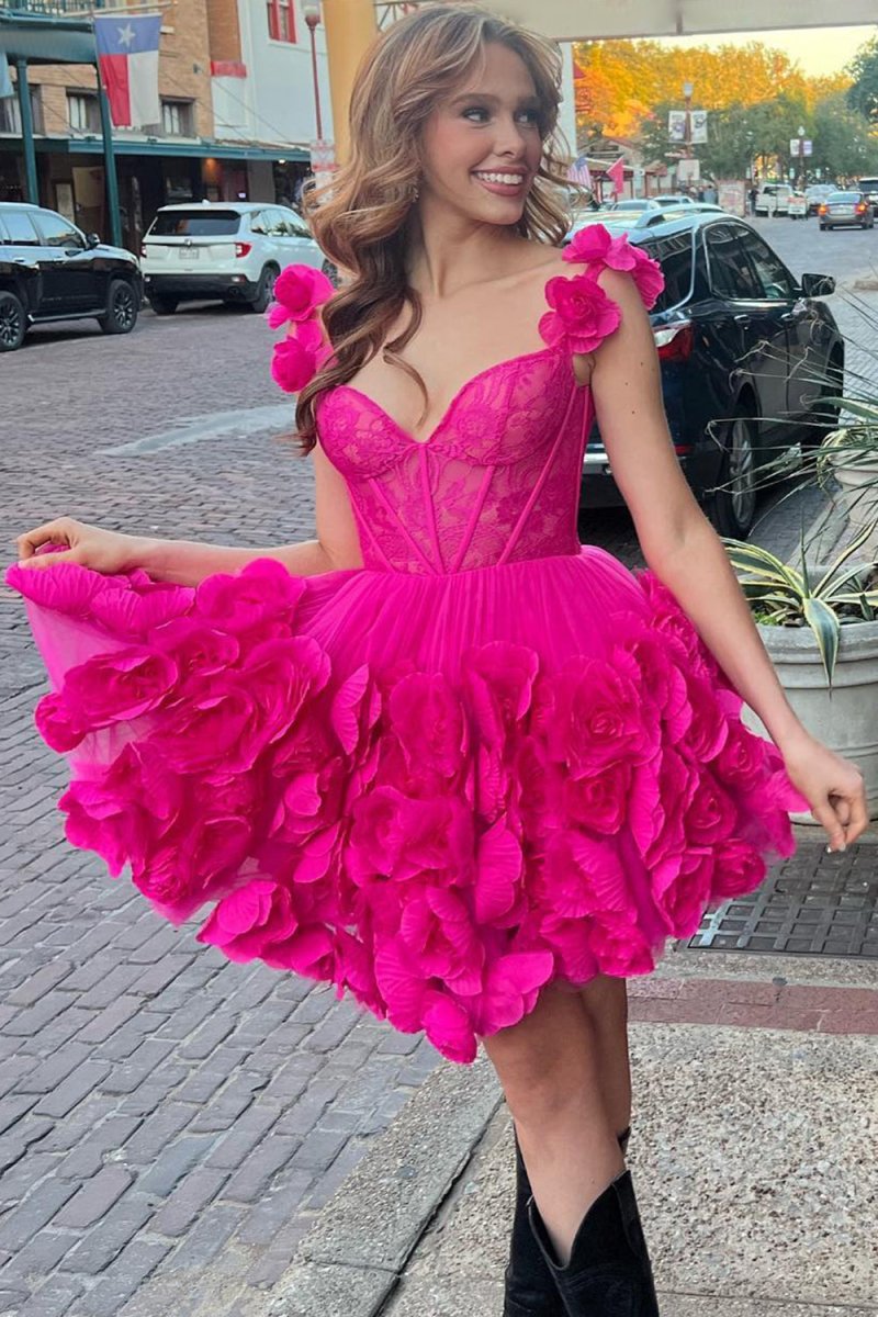 Laticia | Fuchsia Spaghetti Straps A - Line Short Corset Homecoming Dress with 3D Flowers - KissProm