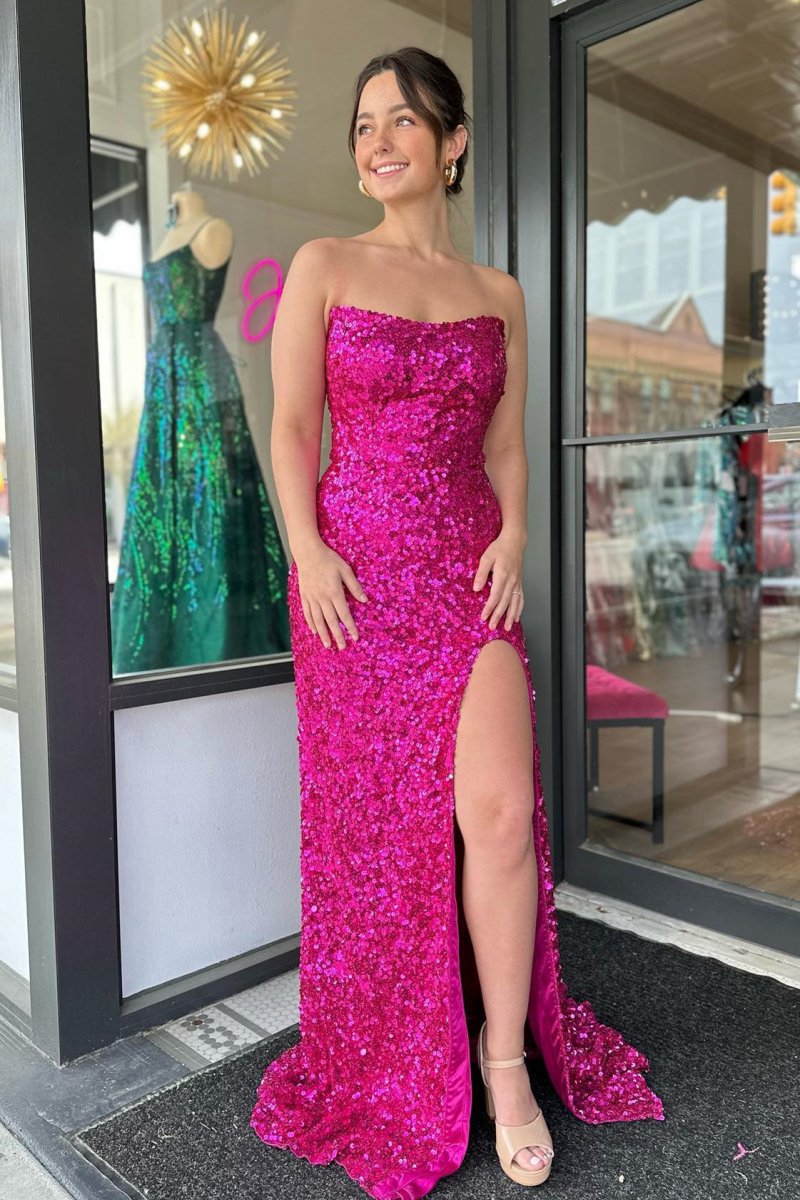 Fuchsia Strapless Sequins Long Prom Dress with Slit - KissProm