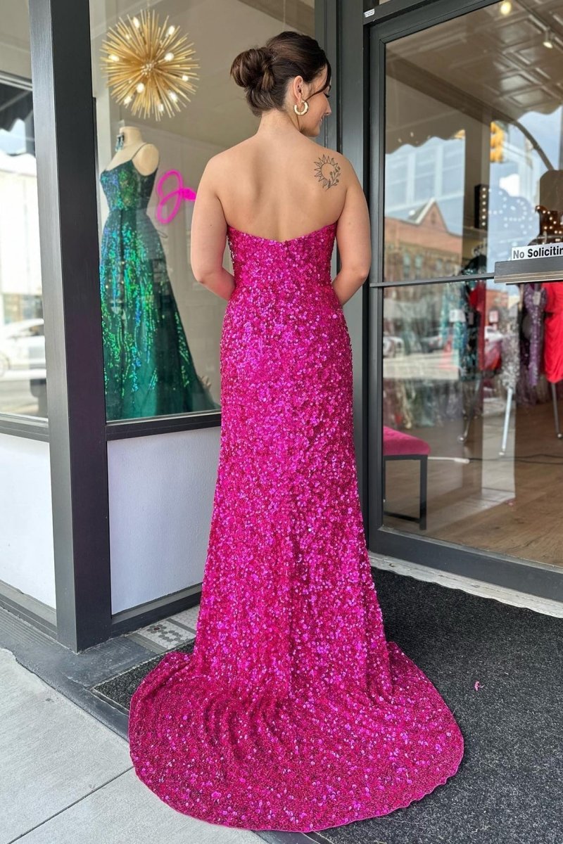 Fuchsia Strapless Sequins Long Prom Dress with Slit - KissProm