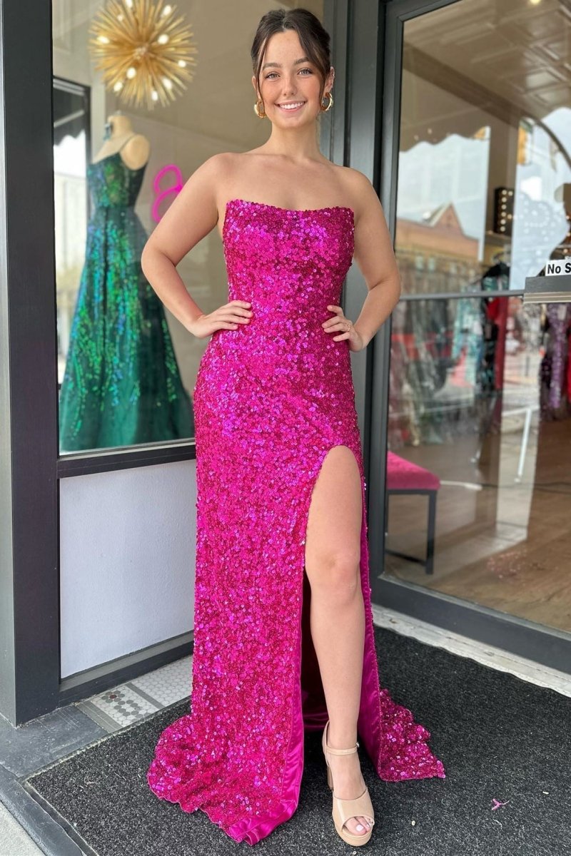 Fuchsia Strapless Sequins Long Prom Dress with Slit - KissProm