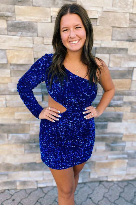 Camilla Short Sky Blue Sheath Sequin One Sleeve Homecoming Dress | KissProm