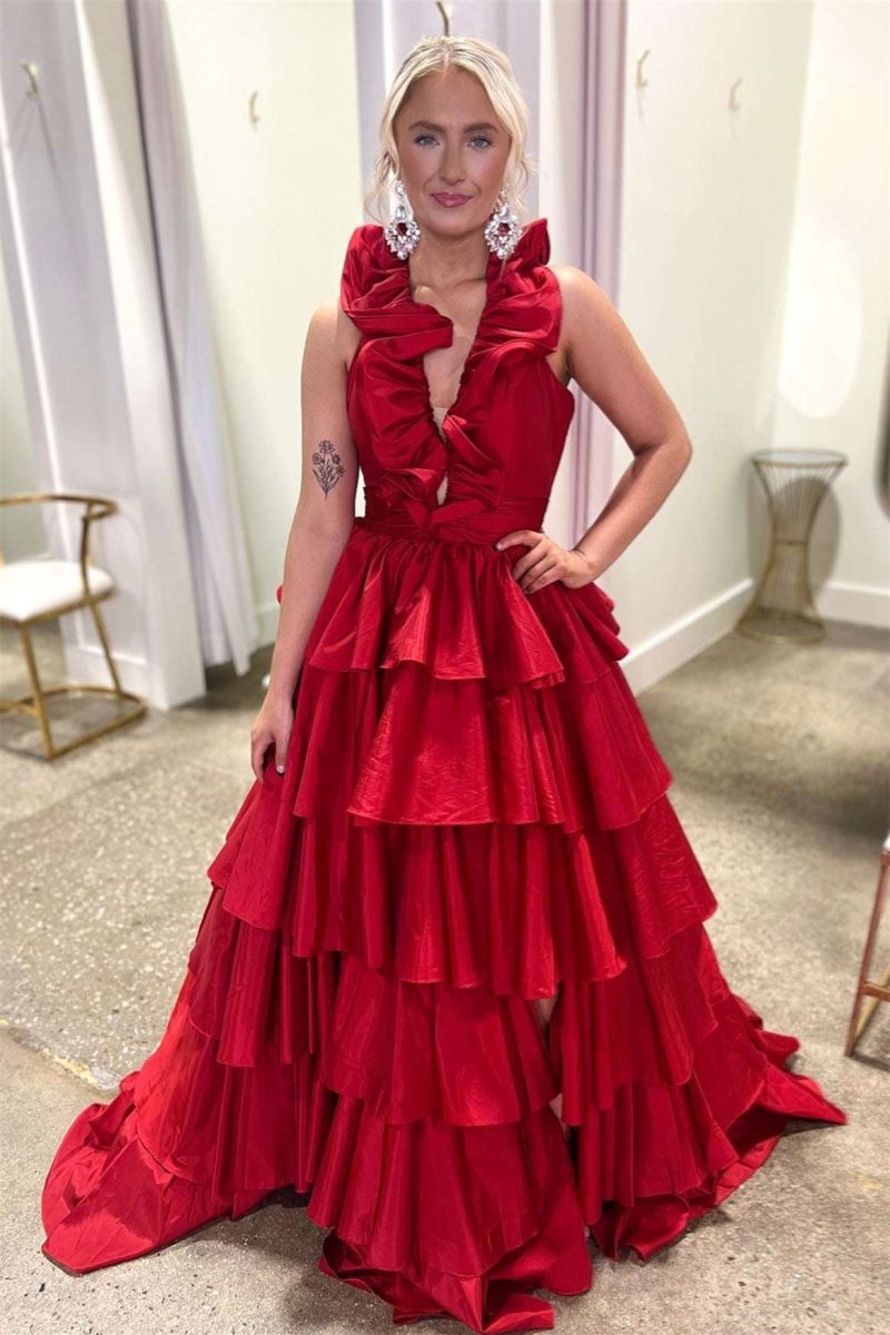 Flora | Halter Red Ruffle Tiered A - Line Prom Dress - KissProm