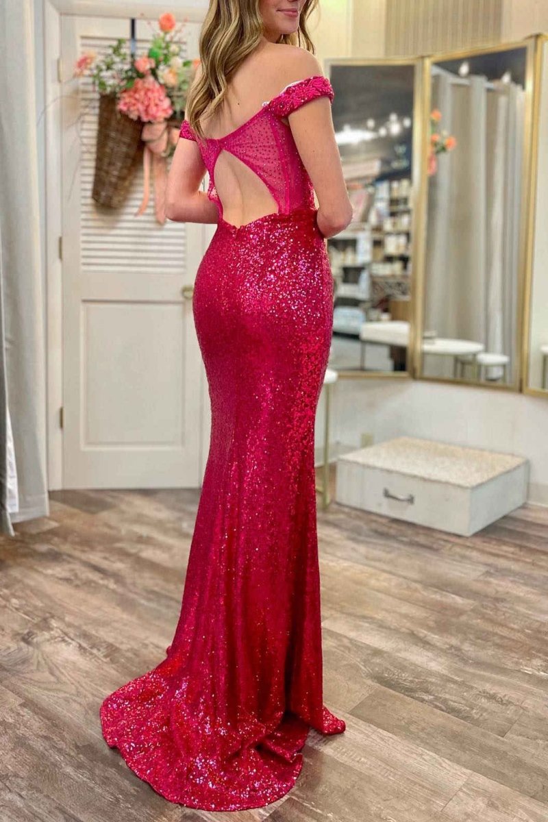 Amy | Mermaid Off the Shoulder Magenta Sequin Prom Dress with Appliques - KissProm