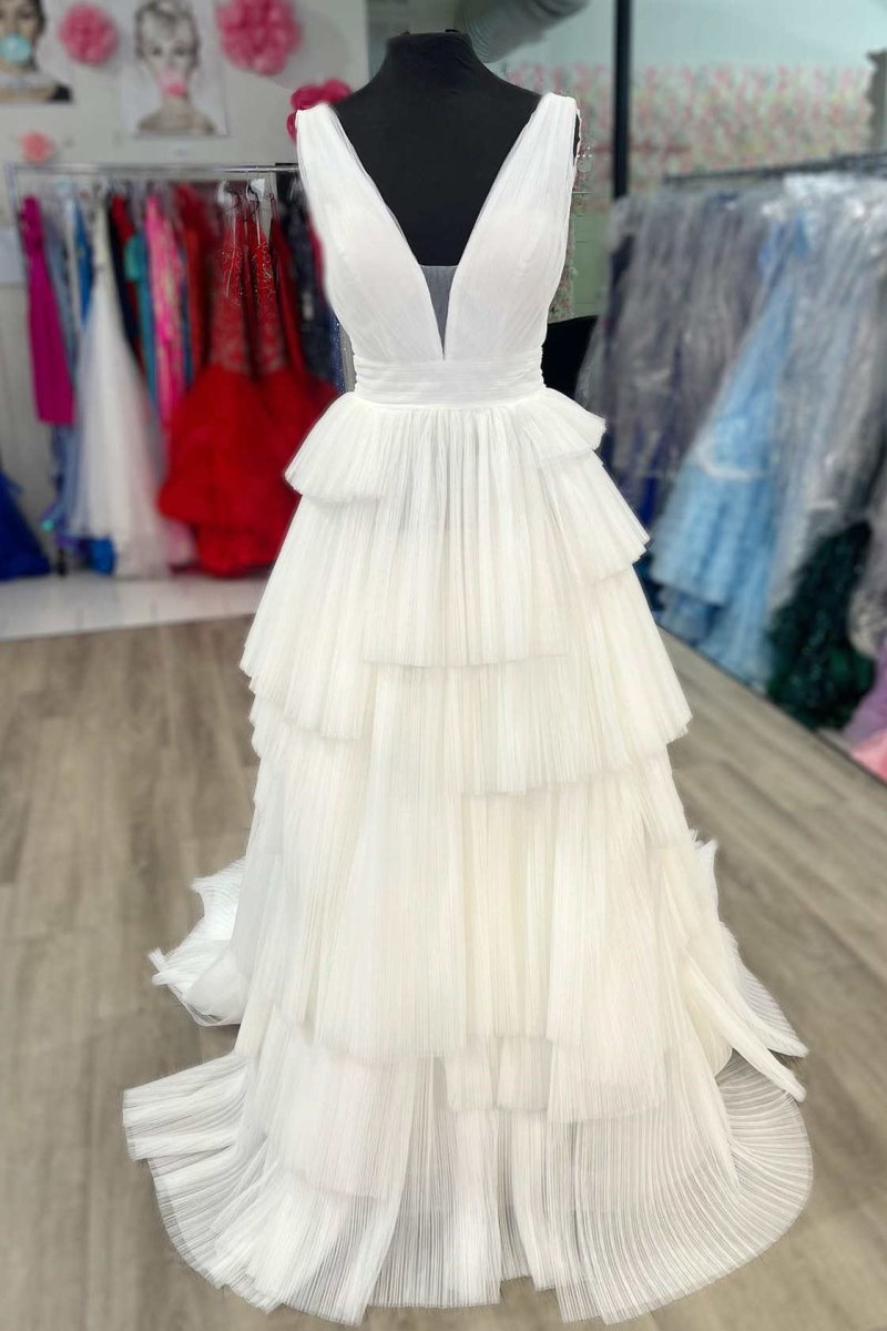 Maya | White V - Neck Pleated Layered Long Formal Dress - KissProm