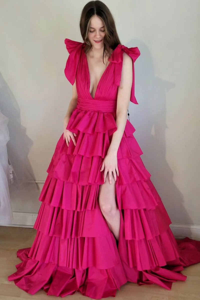 Renee | Plunging V - Neck Fuchsia Bow Straps Ruffle Ball Gown - KissProm