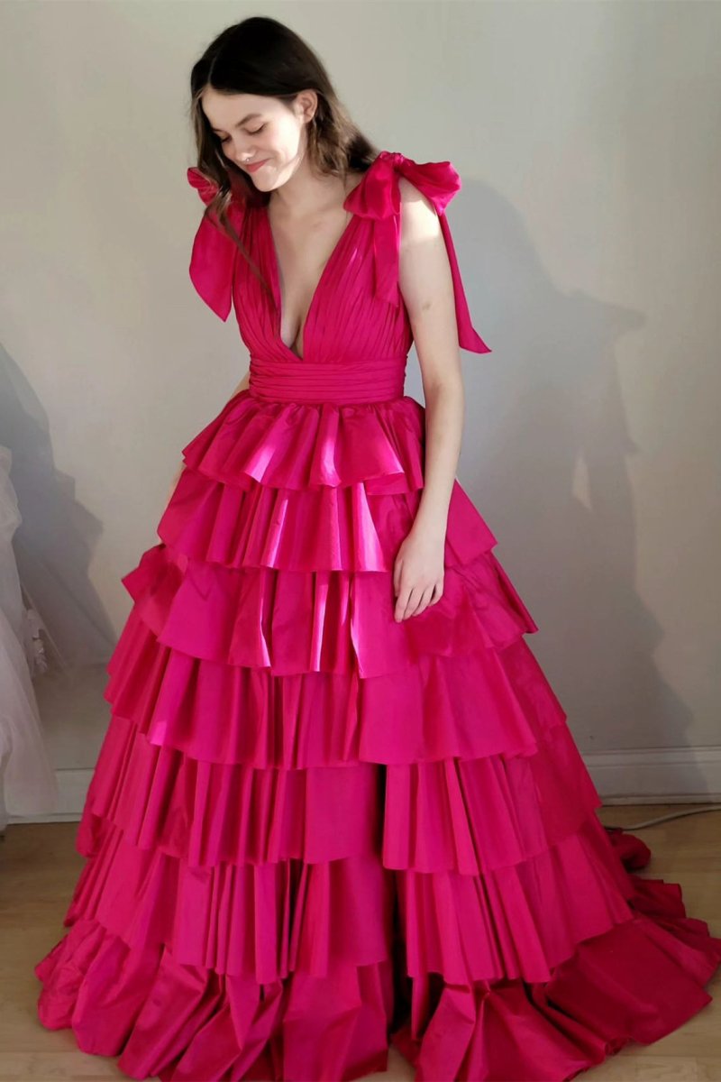 Renee | Plunging V - Neck Fuchsia Bow Straps Ruffle Ball Gown - KissProm