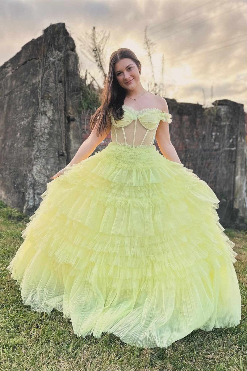 Martina | Off the Shoulder Light Yellow Ruffle Layered Prom Dress - KissProm