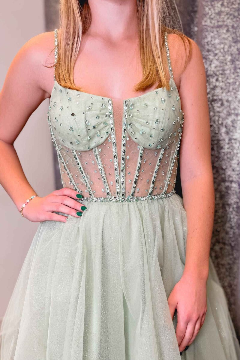 Madeline | Sage Green Straps Sequin Beaded A - Line Tulle Prom Dress - KissProm