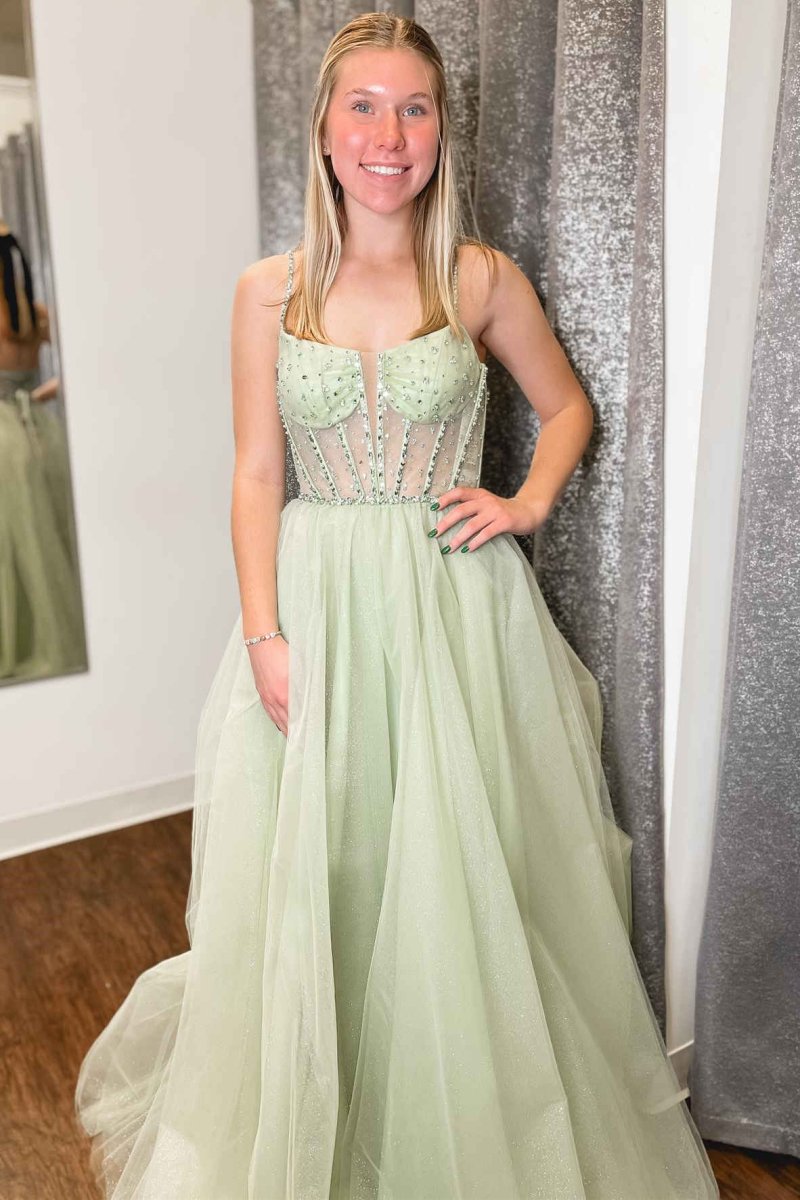 Madeline | Sage Green Straps Sequin Beaded A - Line Tulle Prom Dress - KissProm