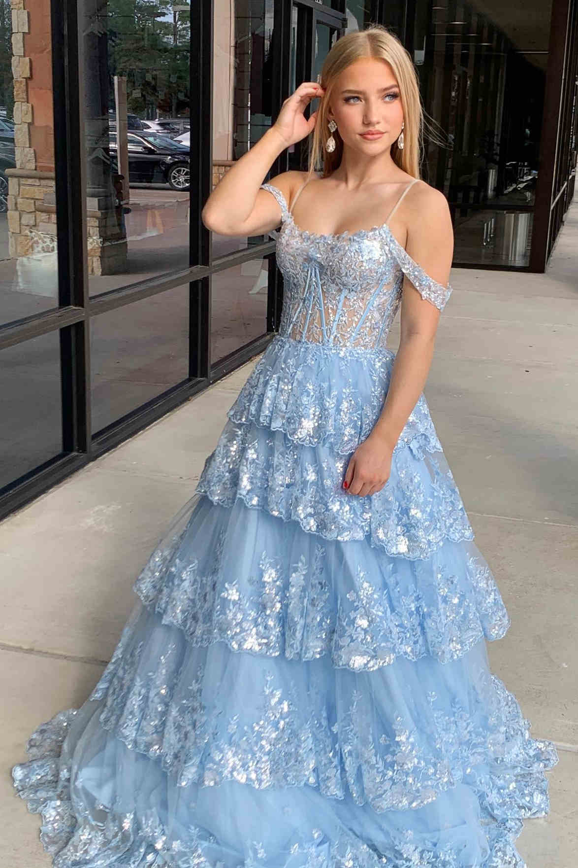 Maureen Tulle Sequin Cold Shoulder Ruffle Tiered Long Prom Dress