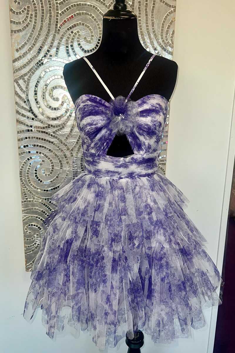 Hera | Straps Purple Floral Print Keyhole Ruffle Homecoming Dress