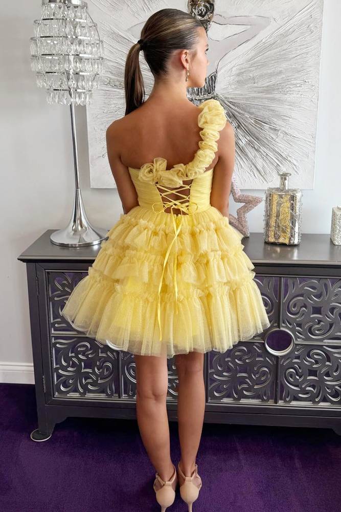 Devyn | Princess Yellow One Shoulder Knotted Ruffle Short Party Dress