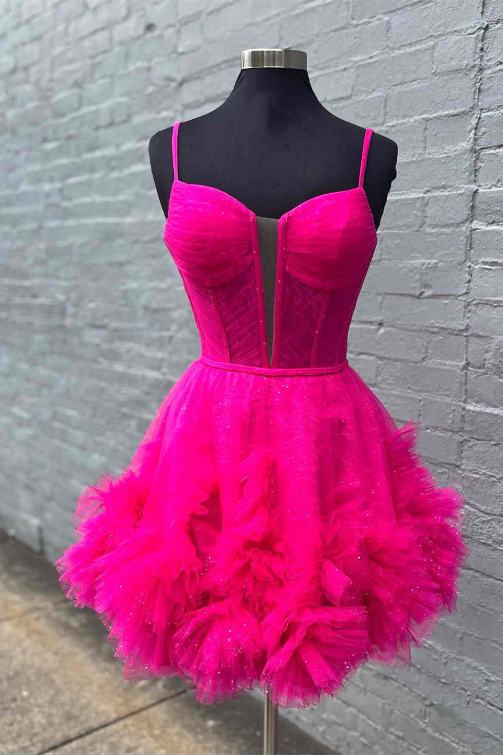 Landry | Glitter Straps Hot Pink Ruffle A-Line Homecoming Dress