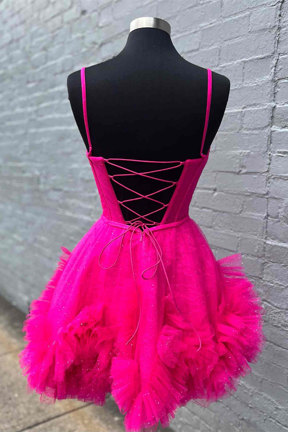 Landry | Glitter Straps Hot Pink Ruffle A-Line Homecoming Dress