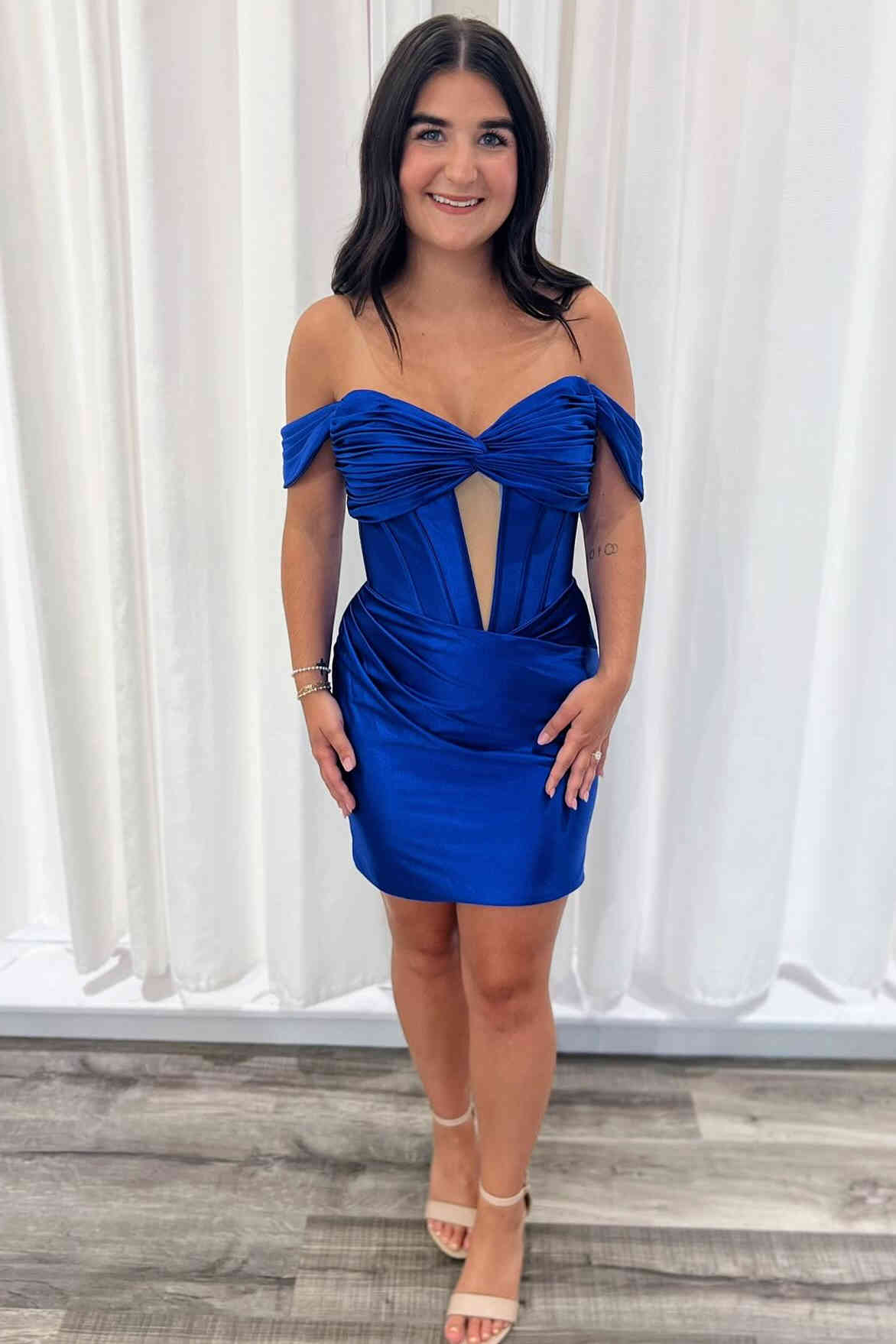 Off the Shoulder Royal Blue Ruched Mini Homecoming Dress