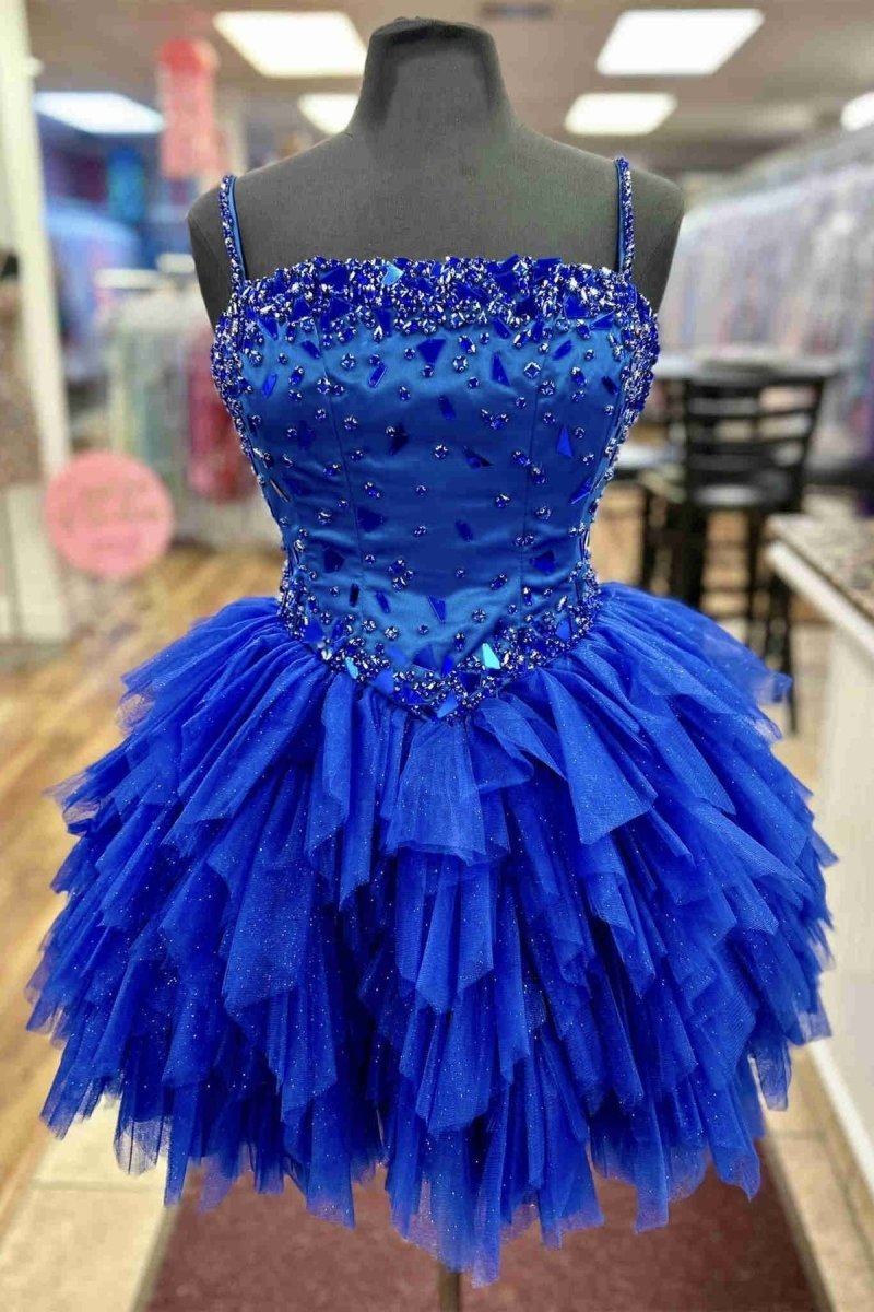 Pretty A Line Straps Royal Blue Tulle Short Homecoming Dresses with Beading - KissProm