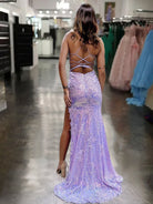 Gabby | Lilac V Neck Sequin Lace Long Prom Dresses With Split - KissProm