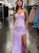 Gabby | Lilac V Neck Sequin Lace Long Prom Dresses With Split - KissProm