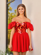 KissProm Off the shoulder A-Line Short Red Off the shoulder Homecoming Dress | Its vibrant satin fabric exudes an allure that's hard to resist. Dress Galatea offers more than meets the eye with its enchanting embellishments.