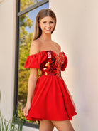 KissProm Off the shoulder A-Line Short Red Off the shoulder Homecoming Dress | Its vibrant satin fabric exudes an allure that's hard to resist. Dress Galatea offers more than meets the eye with its enchanting embellishments.