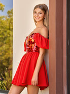 KissProm Off the shoulder A-Line Short Red Off the shoulder Homecoming Dress | Its vibrant satin fabric exudes an allure that's hard to resist. Dress Galatea offers more than meets the eye with its enchanting embellishments.