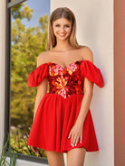 KissProm Off the shoulder A-Line Short Red Off the shoulder Homecoming Dress | Its vibrant satin fabric exudes an allure that's hard to resist. Dress Galatea offers more than meets the eye with its enchanting embellishments.