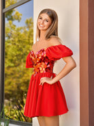 KissProm Off the shoulder A-Line Short Red Off the shoulder Homecoming Dress | Its vibrant satin fabric exudes an allure that's hard to resist. Dress Galatea offers more than meets the eye with its enchanting embellishments.