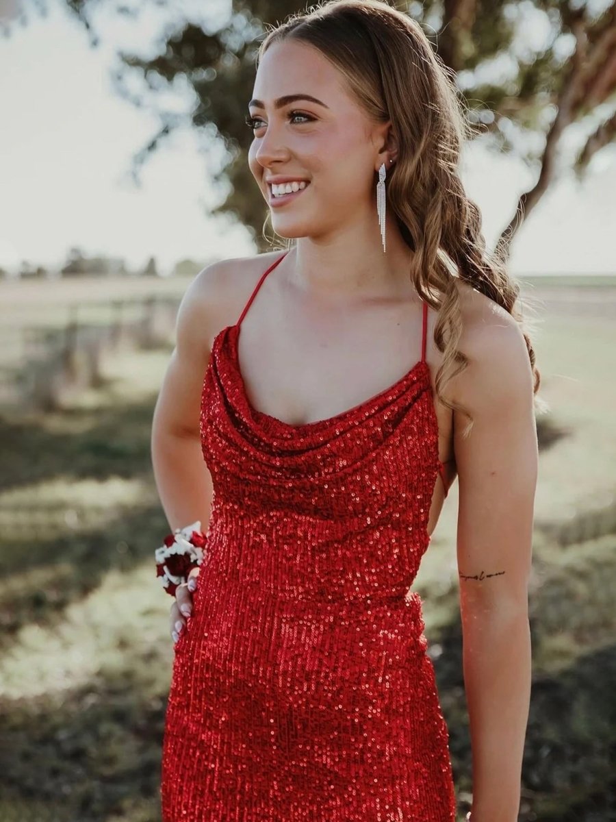 Gemini | Red Halter Mermaid Sequins Prom Dress With Split - KissProm