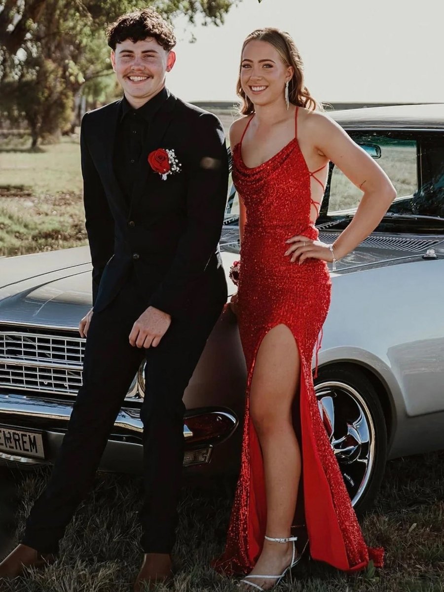 Gemini | Red Halter Mermaid Sequins Prom Dress With Split - KissProm