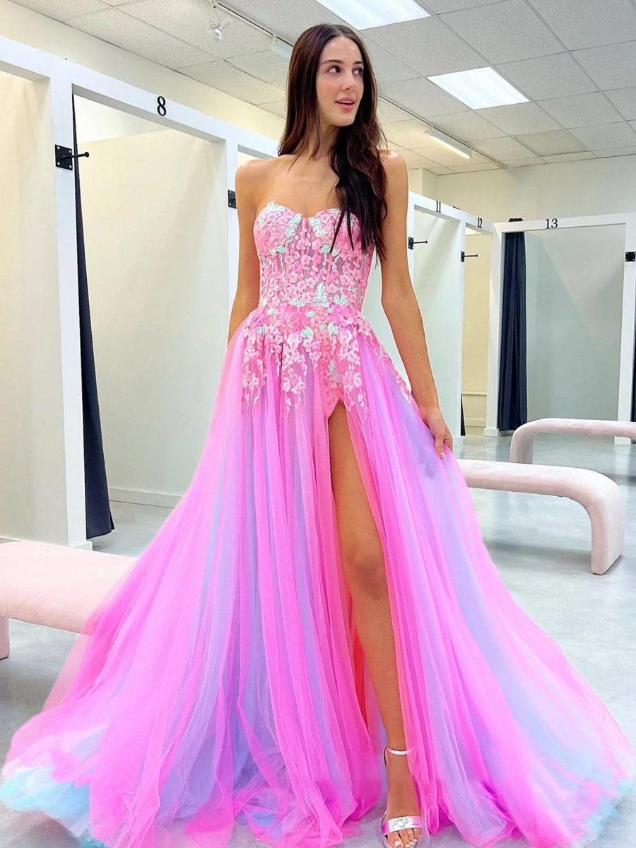 Georgia | A - line Sweetheart Applique Lace Long Prom Dress with Slit - KissProm