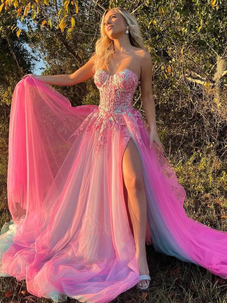 Georgia | A - line Sweetheart Applique Lace Long Prom Dress with Slit - KissProm