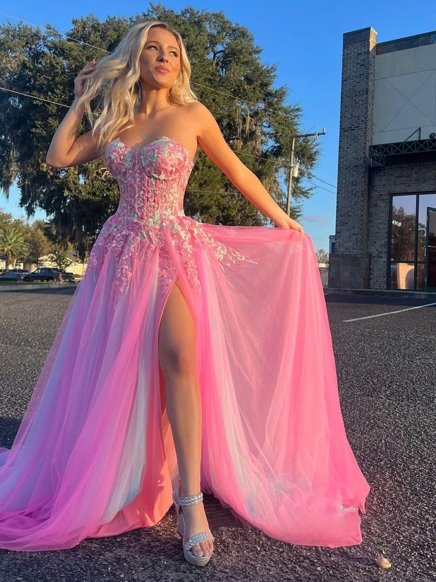 Georgia | A - line Sweetheart Applique Lace Long Prom Dress with Slit - KissProm