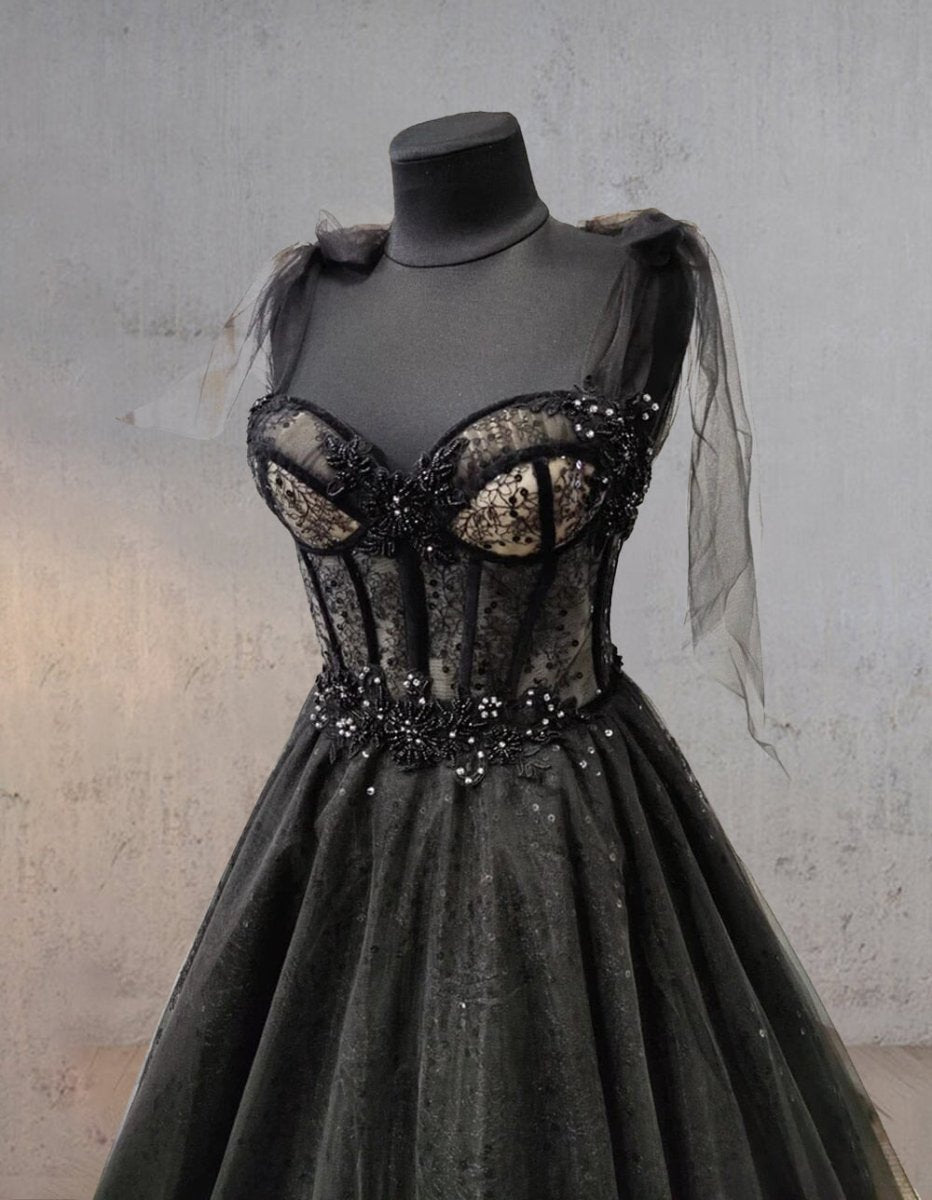 Glitter Lace Tulle Sweetheart Corset Court Black Wedding Dress - KissProm