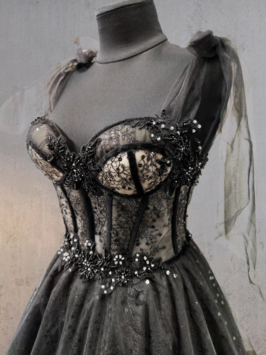 Glitter Lace Tulle Sweetheart Corset Court Black Wedding Dress - KissProm